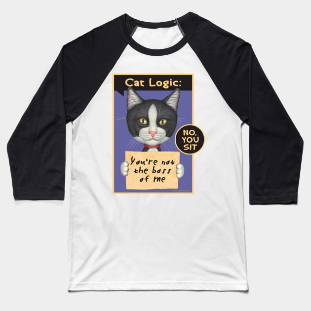 Kitty cat boss black and white Tuxedo Cat Holding Sign Baseball T-Shirt by Danny Gordon Art